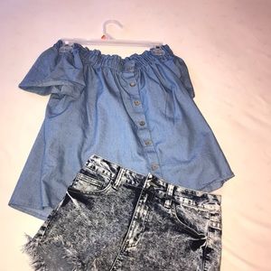 Off shoulder faux jean shirt